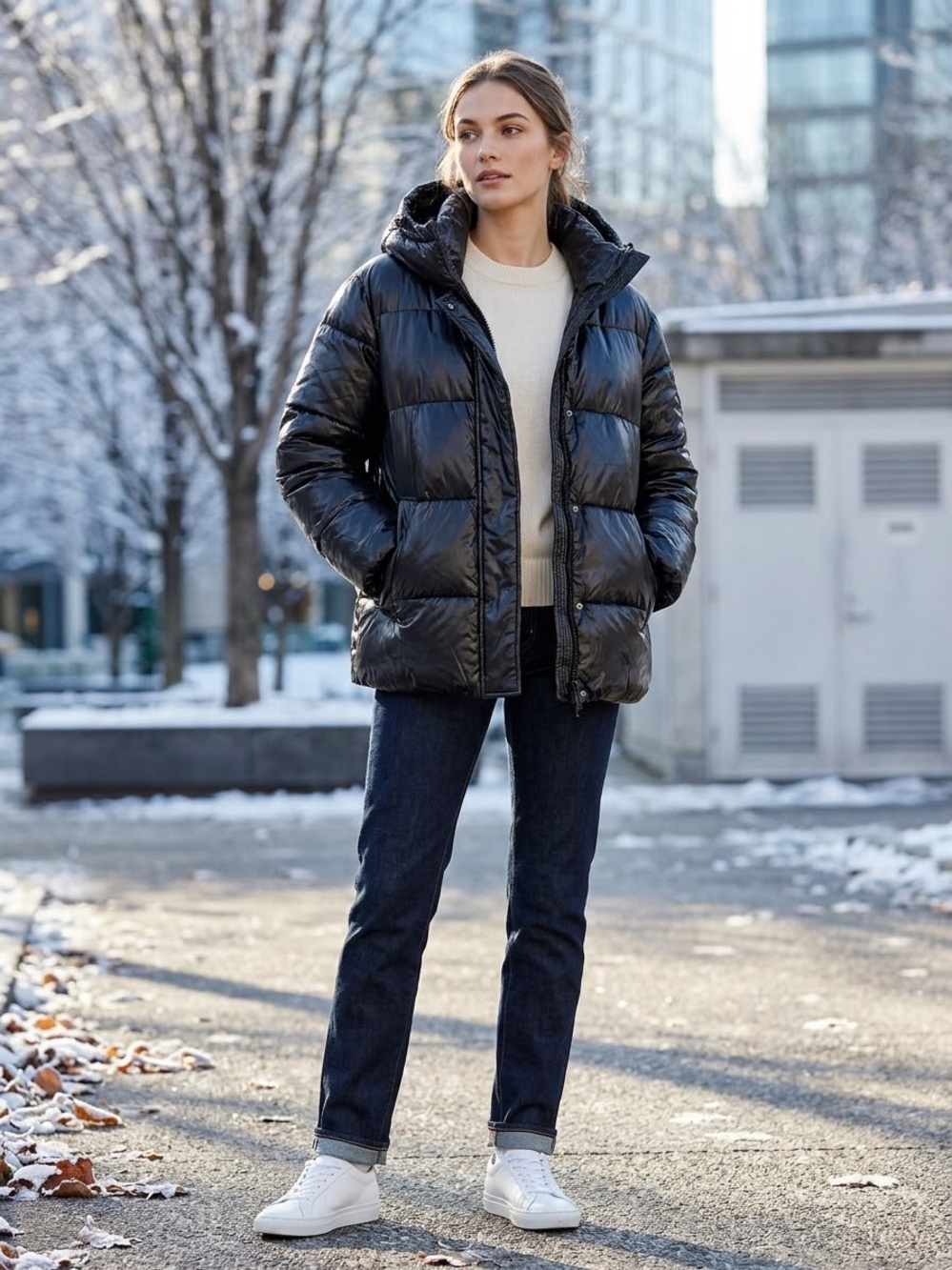 Vince Camuto Black Glossy Hooded Puffer Jacket